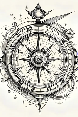 tattoo design drawing of a clock and nautical compass