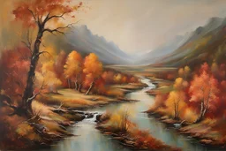 Valerie Hegarty style painting of a river landscape in autumn, a scenic environment, painted by Valerie Hegarty