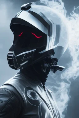 All Black racing suit AnnaSophia Robb, portrait, ghost mask, wearing high tech racing helmet, white smoke, dark, rage, sorrow, high definition, ultra 8 k, volumetric lighting, blue fire, fog