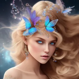 bright fairy, unic beautiful kind portrait, blond hair,blue eyes, flowery luminous pastel colors, butterfly