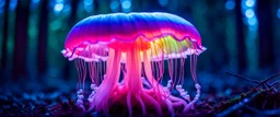 Giant bio luminous Rainbow floating JellyFish Fungus, fungal, light floating in a forest, mist, light trails, nighttime,Treeline, Alberta, scientist, Dystopian, Hyper detailed, Realistic, Extreme depth of field, bokeh blur, Alberta all-natural, National Geographic, in the style of candid, imperfection, natural lighting, cinematic, Fuji Film, Anamorphic lens, 2040s, --ar 4:5 --w 150 --style raw