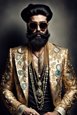 Artistic photo in the audacius style of Jill Greenberg, of man with a luxurious and striking style, abundance of jewelry, oversized sunglasses, neat black beard, feminine manirism, prints, desafiant, extravagant, barroque escene , impasto style with thick texture