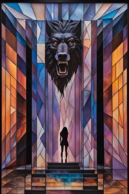 a multicolored, stained, spectral, glass fragment, prism, 3D sculpture, a woman standing on the precipice looking down into the void while a giant, snarling werewolf rears up behind her, and Motley Crue plays a concert in California at the same location that an indian with black hair smoked a piece pipe with Quazimoto before he got whipped by the constable of Naples