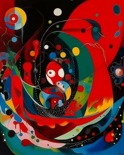 A dark red deep abyss with vampire squids painted by Wassily Kandinsky