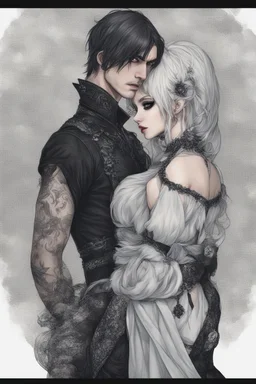 Close up of an Attractive goth man holding his goth girl, he is looking mysteriously at the camera with her back faced to the camera. Dark eyes, White hair, ,super realistic, smoky background