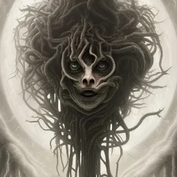 black medusa, fallout 4, spray paint, chalk, giger, grey background forest, magic light fountain