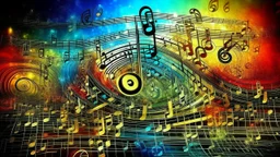 music is language, language is music, notation, treble clef symbol, musicians performing, instruments, sound waves, beautiful detailed colour photograph