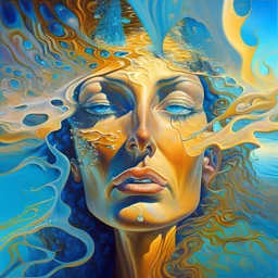 A surreal, Salvador Dali-inspired portrait of a naturist women with their facial features melting and morphing into a dreamscape filled with whimsical and bizarre elements, showcasing the fluidity and boundlessness of the human imagination. HD, sharp detail