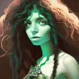 alien girl, cute, beautiful, long hair, curly hair, black hair, slim body, brown eyes, light green skin, turquoise dress, black tee shirt, green shorts, head and shoulders portrait, 8k resolution concept art portrait by Greg Rutkowski, Artgerm, WLOP, Alphonse Mucha dynamic lighting hyperdetailed intricately detailed