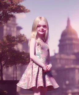 Elle fanning toddler, full body, city background, floral dress, dramatic lighting