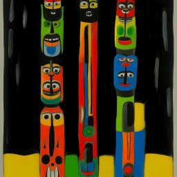 A black colored circus with bombs designed in pacific Northwest totem poles painted by Alexej von Jawlensky