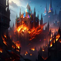  house on fire, Epic scale, A perfectly cute shaped crystal, cyberpunk, highly detailed, black mecanic castle, cristal, realistic, volcan,