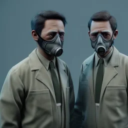 scientists at the computer in military gas masks. the masks are checkered.