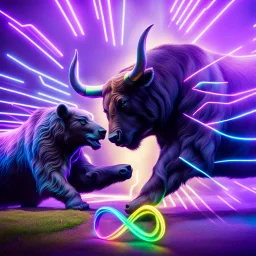 brightly coloured 3D infinity symbol ∞, bull with horns on right fighting with a bear on left, bull is winning, DSLR with a 80mm lens f/16 and a slow shutter speed of 1/15s, realistic photograph, striking, neon, vibrant, chiaroscuro, dramatic, captivating, high-tech, powerful, fantasy, beautiful, octane render, 16k post-production, award-winning photo: atmospheric: commanding: clarity: ultra quality: striking: brilliance: stunning colors: amazing depth