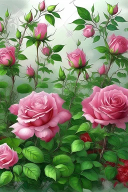 Watercolor, a bush of bright pink tea roses strewn with flowers, ultra-detailed, morning, rain, greenery, beautiful landscape, fog, many details, delicate sensuality, realistic, high quality, 3d, work of art, filigree, misty haze background, professional, transparent, delicate pastel tones, back lighting, contrast, fantastic, unreal, translucent, glowing, clear lines, epic fabulous, fabulous landscape, hyperrealism