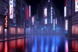 Cinematic, romantic, atmospheric, night, Tokyo, dark, rain, high definition, blue neon lights, blender 3d