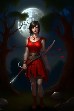 A young dark-haired witch in a red low-cut short skirt, standing under a tree, with a sword on her hip, glowing ball in her hand, photorealistic, delicate detail.