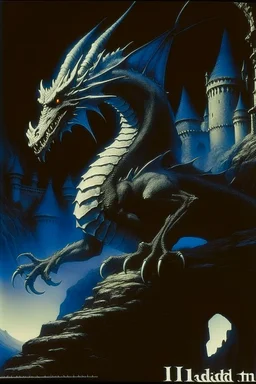 70s dark fantasy art, illustration of a black dragon in a castle