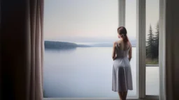 A woman, standing by an open window, contemplating a peaceful landscape. She is seen from behind, looking out at a lake and distant shoreline. Her posture is contemplative. Soft, muted colors predominate: pale mauve walls, light gray curtains, off-white dress, muted blues and grays of the lake and sky. Realistic perspective of the window, room, and landscape. Impressionist style, emphasizing light and shadow; a subdued, peaceful mood. Details of the window frame and panes are meticulously render