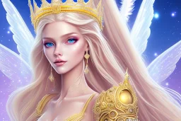 beautiful, very soft, smiling, very straight and long blonde hair, dewy and shiny vibe, diamond crown, long fairy wings in the back, soft and young full head, golden veil clothes, smiling, bachground lights pink and blue