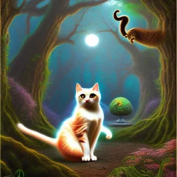 falling cat in magical forest, book cover art