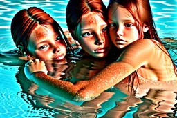 digital art of beautiful auburn hair teenage laracroft girls with grandpa in a swimming pool, hugging dad bare lips