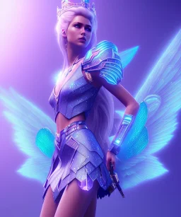 A crystalised queen, atmospheric, realistic, unreal engine, cinematic lighting, octane render. blue, pink, transparency, light, shine,bright, full body, transparent wings, blonde, long hair, nice smile