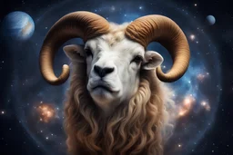 Ares the Ram in a cosmological background, with stars and planets, HD, centred image, in focus, no deformity