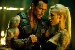 Jason David Frank as very muscular man with short hair and tribal tattoos piercings embracing pretty blond girl realistic dark fantasy