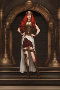 full body and headshot of a skinny Cleopatra, with long straight red hair, standing in a steampunk setting.