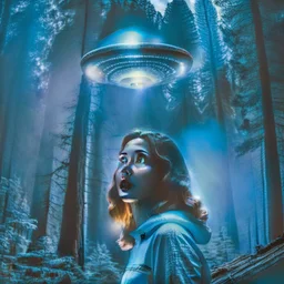 photo of a young woman in a dark forest looking at a UFO in the sky, martin scorsese style