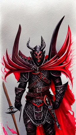 dnd, fantasy, watercolour, ilustration, elf, dark lord, armour, satanic, red, black, mighty, strong jaw, artstation