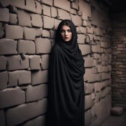 Hyper Realistic Young-Beautiful-Pashto-Women-With-Beautiful-Eyes in black shawl peeking from a cracked-brick-wall at night with dramatic & cinematic ambiance