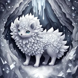 Silver colored Vulpix and covered in Silver crystals background crystal cave, in funk art style