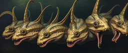 master oil painting by Rembrandt, good afternoon echohydra "A many-headed aquatic horror with sensitive, elongated heads, each reacting independently to sound, covered in slimy, mottled scales, eyes that bulge unpredictably, mouths open as if whispering in multiple languages, vibrating with predatory anticipation."