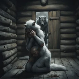 in the middle of a wooden hut an pale gray body hair pregnant anthropomorphic wolf woman creature kneeling, crying and covering eyes with her pawes, in background in the door stands dark gray body hair anthropomorphic wolfman and looking the female wolf. high contrast, high detalied, high realistic, sharp focus. The atmosphere is a seamless blend of sci-fi, dark fantasy