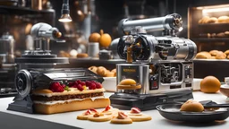 Machine robotique pour faire des pâtisseries élaborées, composition délicieuse, attrayante, chaude et exquise, beau rendu d'octane incroyablement détaillé et complexe, tendance sur artstation, photographie artistique 16k, art conceptuel photoréaliste, lumière parfaite cinématique volumétrique naturelle douce, clair-obscur, photographie primée, chef-d'œuvre , raphaël, le Caravage, alma-tadema