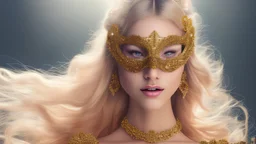 whole body photo portrait of a beautiful girl wearing a Mardis Gras ball mask and a gold gown, with blonde hair walking across a huge ball room floor, HD 4K, photo-realistic accurate face and features, award winning photography, cinematic lighting