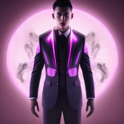 cute asian male, boy, man in futuristic suits, black and white highlight hair color, pink and purple background, pink lighting, deep purple backlighting