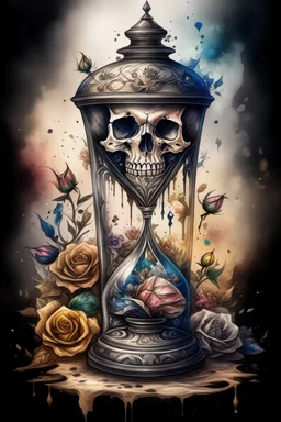 Watercolor drawing: Gothic black MULTICOLOR hourglass, black lace, pearls, black roses on a white background, trending on Artstation ::{creative commons}:: Illustration :: Color correction:: Filmic, Nikon D750, Brenizer Method, Perspective, Depth of Field, F / 2.8, Lens Flare, Tonal Colors, 8K, Full-HD, ProPhoto RGB, Perfectionism, Frame Illumination, Natural Lighting, Soft Backlight