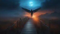 walking straight ahead over a wooden bridge, holding the angel of death with your right hand, entering the fog at the end of the road that leads to the afterlife, and a beautiful sunset and galaxy's behind the fog, realistic