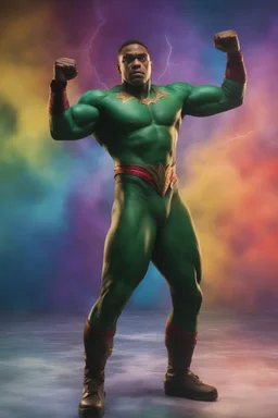 harry lennix, martian manhunter, extremely huge, overexaggerated muscles, posing and flexing in a front of the camera, random extreme action poses, an extremely colorful, multicolored foggy blue marble wall in the background with a colorful marble tile floor, multicolored lightning, realism engine,