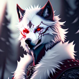 Feral, White fur, Werewolf, Red eyes, character, waist up portrait, oil on canvas, expert, insanely detailed, 4k resolution, cinematic smooth, intricate detail,