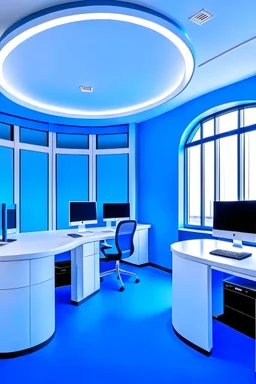 The office desks are hung on the walls in an oval shape, and the color of the walls is blue and the floor is white