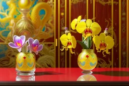 1512857901 hypersigil photograph of a beautiful yellow and red orchid in a clear glass rococo inspired vase on a mirrored deco themed end table in a shadowy corner of a nouveau era room with wood paneling in the style of Robert maplethorpe, tropical birds, lizards, snakes, insects, gorgeous, shamanic, ethereal, photorealistic, embellishments, long shot, wide shot, dof, deep focus, 3d render