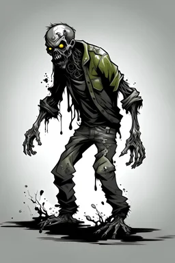 zombie, drooling black liquid, full body, attacking, profile ,comic book, post-apocalypse, gray background,