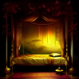 An ethereal asian dreamscape filled with dark golden mist, peaceful and romantic room, soft flowing fabric, oriental mood