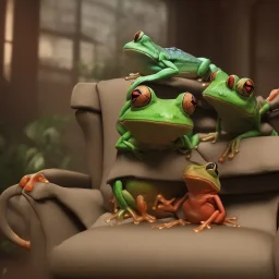 Two frogs sitting on the sofa in the living room and PS4 consoles in their hands,fantasy,4K,8K,16K