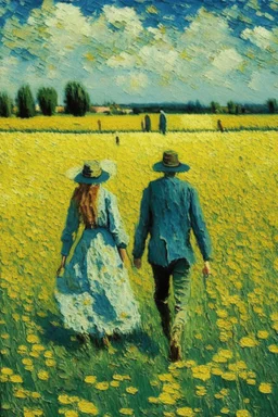 young couple walking in field of flowers by van gogh