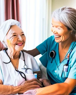 A warm, inviting image of a caring nurse providing personalized care to a smiling patient at home